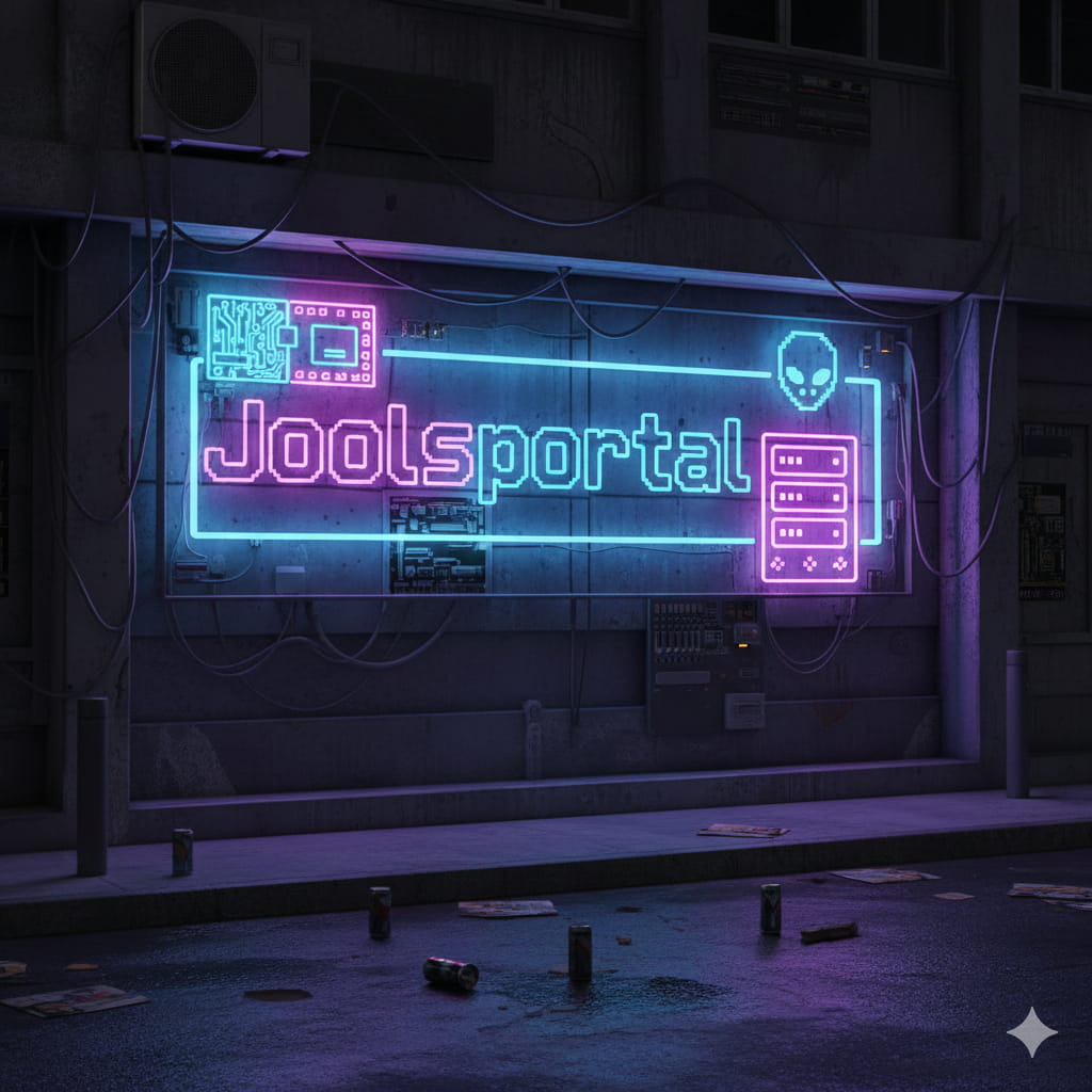 Eine neonfarbene Leuchtreklame mit der Aufschrift „Joolsportal“ in pixeliger Schrift, umgeben von technischen Symbolen wie Schaltkreisen und Servern. Die Szene wirkt wie eine dunkle, futuristische Gasse mit Kabeln und verstreutem Müll am Boden.