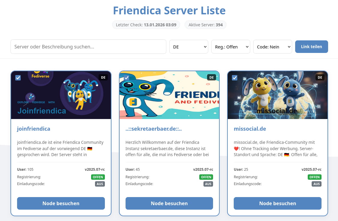 Zu sehen sind 3 Instanzen mit der jeweiligen Friendica-Version, unterschiedlichen Bildern, Beschreibungen sowie einer Suchfunktion.