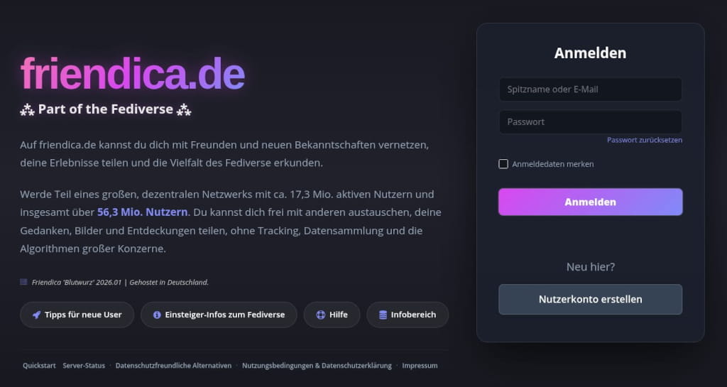 Das Friendica-Theme Onyx Slate mit der Anmeldemaske von friendica.de. Das Theme basiert auf den Farben Onyx und einem hellen Lila.