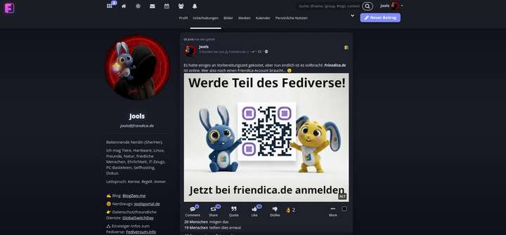 Auf dem Bild ist die Desktop-Ansicht des Friendica-Theme Onyx Slate zu sehen - ein dunkles Theme mit leichten Farbnuancen in hell-lila an wenigen Stellen.