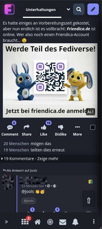 Mobile Ansicht des Friendica-Themes Onyx Slate. Das Theme hat ein eher dunkles Design sowie einige hell-lilafarbene Nuancen.