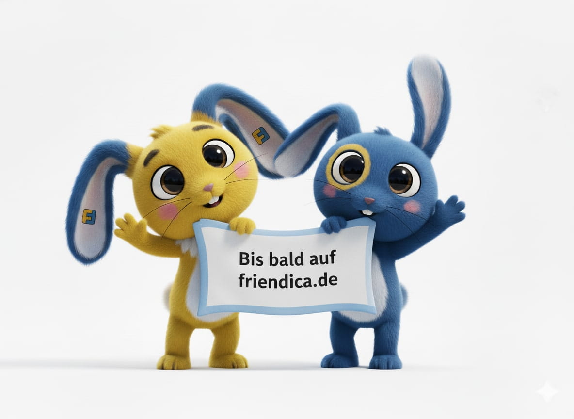 Das blaue Maskottchen Flaxy O'Hare mit seiner Freundin halten ein Schild in den Händen, auf dem "Bis bald auf friendica.de" geschrieben steht.