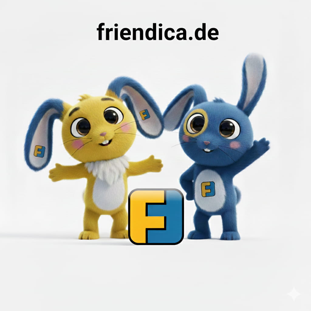 Das blaue Friendica-Maskottchen Flaxy O'Hare steht mit einer Freundin zusammen, sie winken zum Gruß. Vor den beiden ist das Friendica-Logo zu sehen, über ihnen steht in dunkler Schrift friendica.de.
