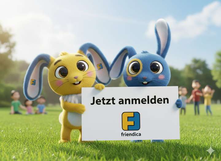 Das blaue Friendica-Maskottchen Flaxy O'Hare und eine Freundin stehen im Park auf einer Wiese und halte ein Schild in der Hand. Auf dem Schild steht: Jetzt anmelden. Darunter ist das Friendica-Logo zu sehen.